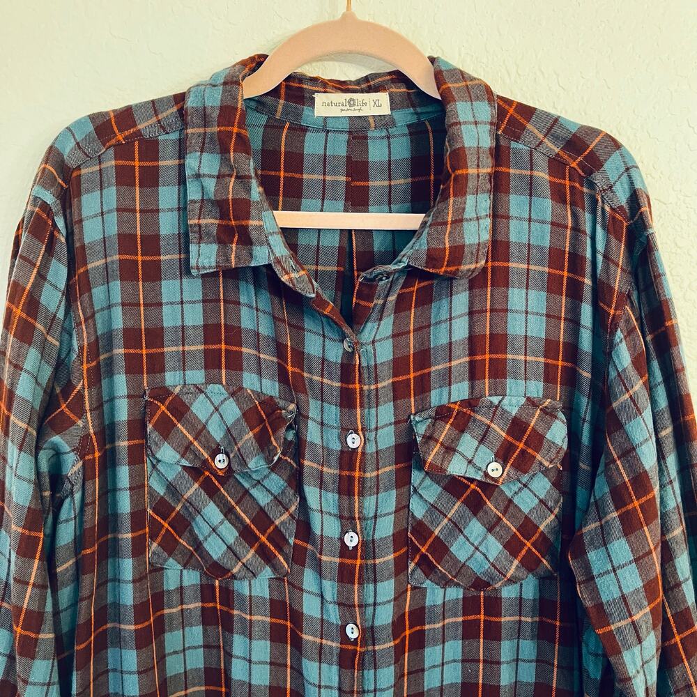 NATURAL LIFE Teal and Rust Plaid Midi Shirt Dress - Picture 3 of 13